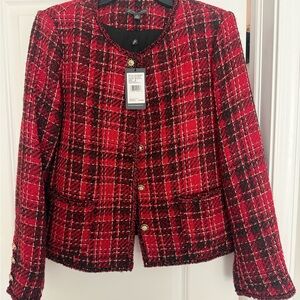 Adrianna Papell Red and Black Plaid Blazer